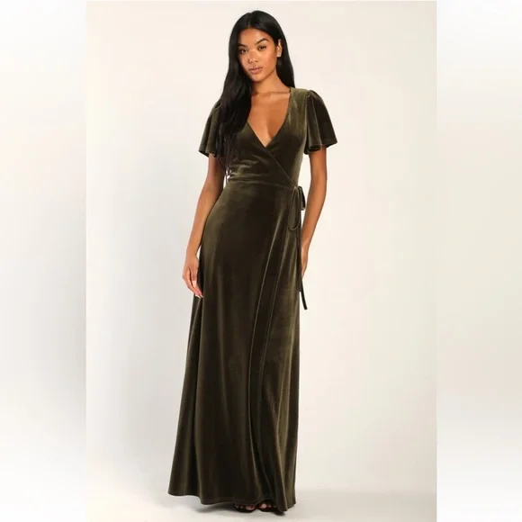blue dress for baby girl Ellis Trendy Short Sleeves Slit Long Velvet Bridesmaid Dresses, Olive Green